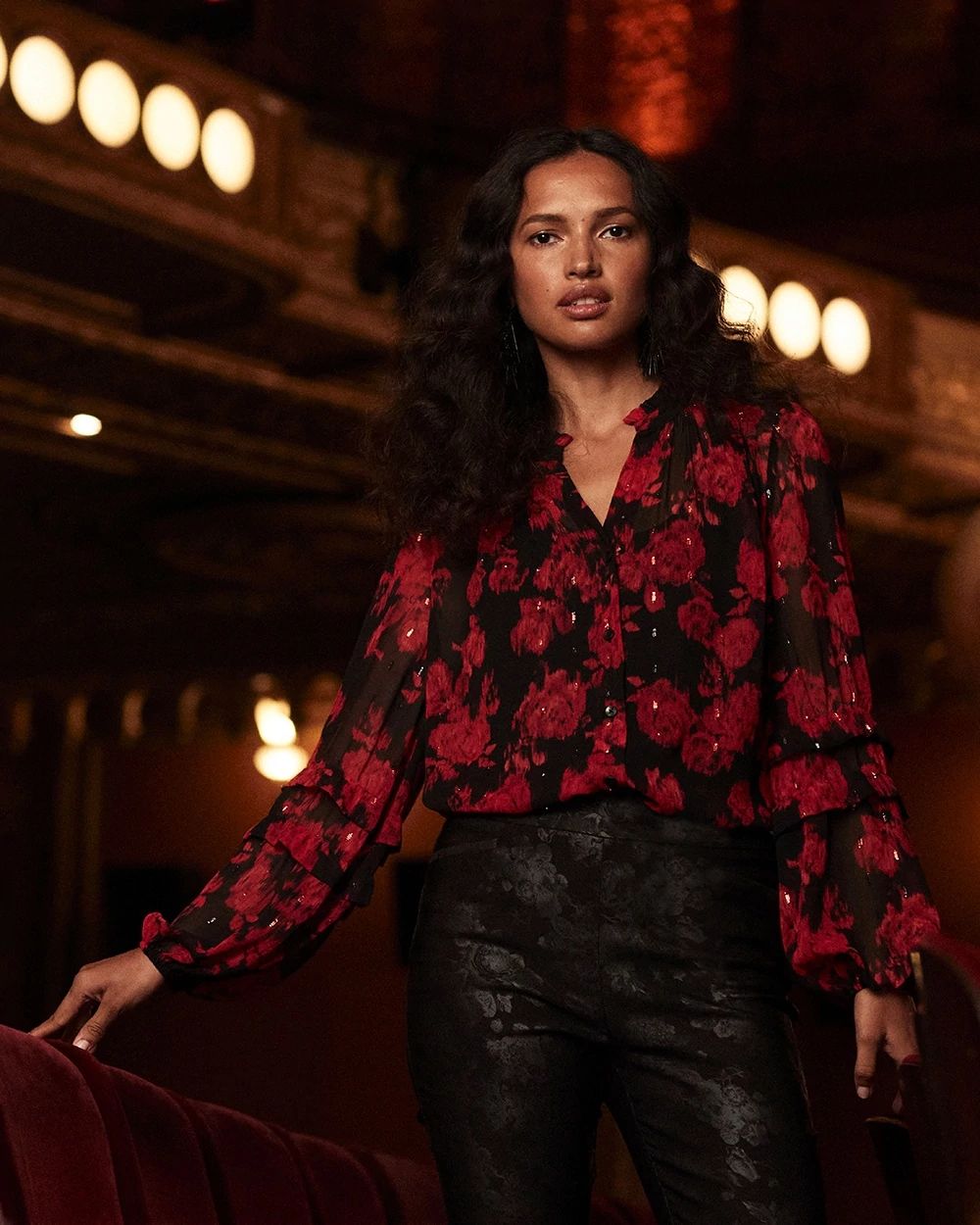 Lurex Ikat Jacquard Ruffle Blouse