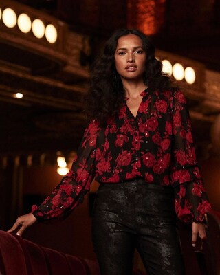 Lurex Ikat Jacquard Ruffle Blouse