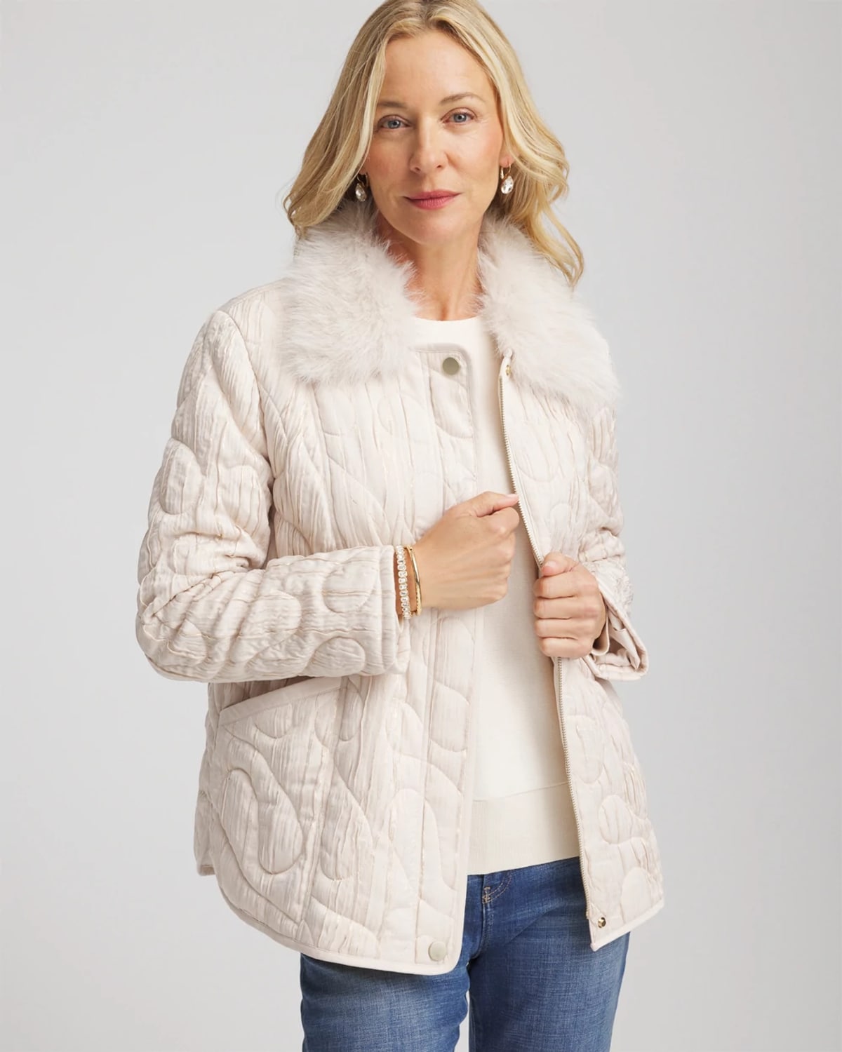 Chico's Quilted Faux Fur Collar Jacket In Cream In Neutral