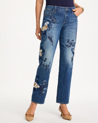 Embellished Girlfriend Straight Ankle Jeans click to view larger image.