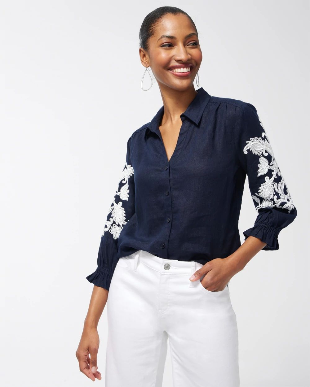 Linen Embroidered Ruffle Sleeve Shirt