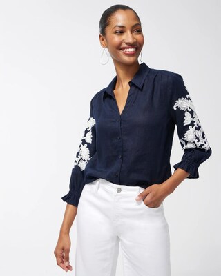 Linen Embroidered Ruffle Sleeve Shirt