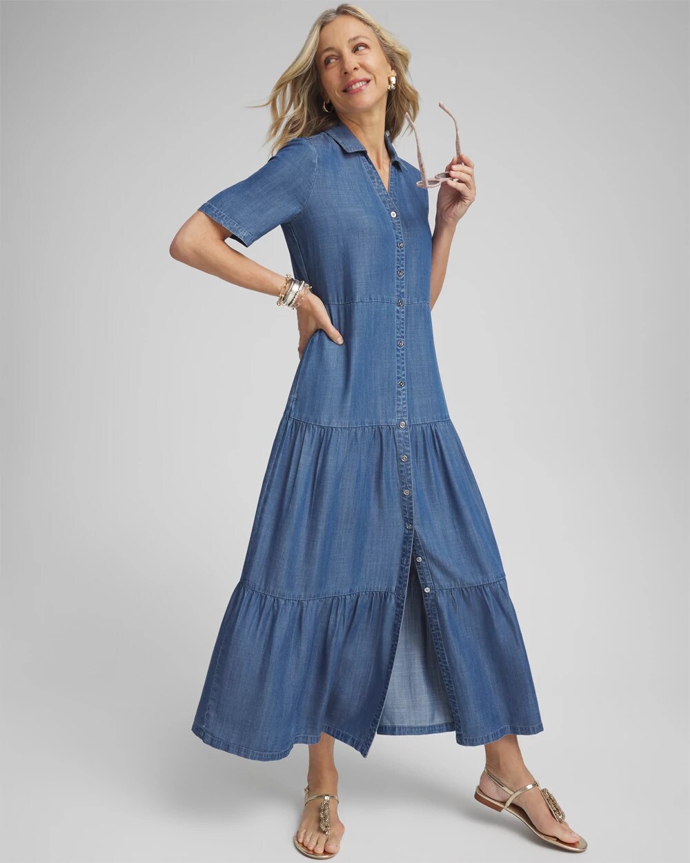 knee length dresses for ladies Fifteen Twenty Esme Midi Shirt Dress- Denim 2 main image 1
