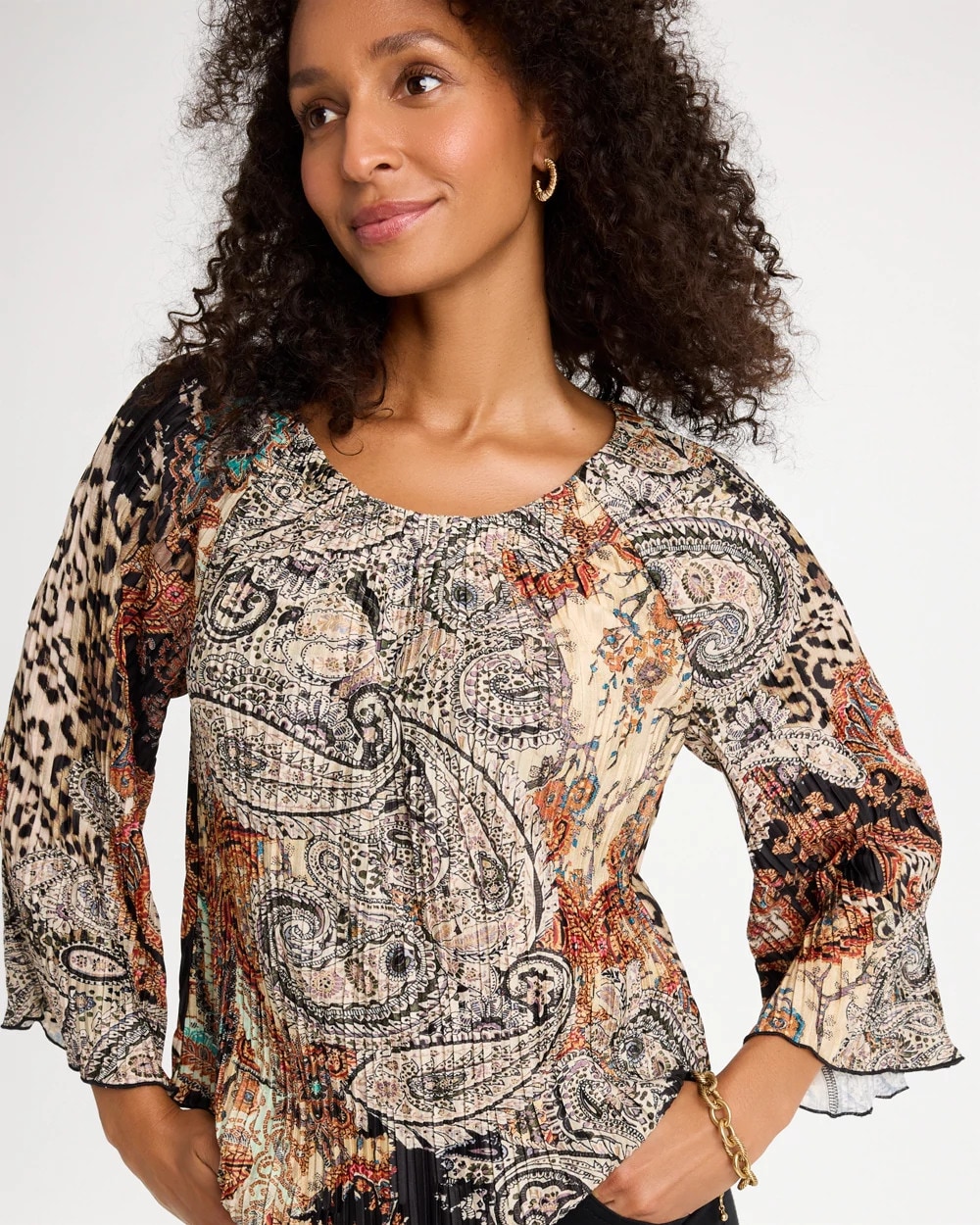 Printed Pleated Flare Sleeve Top