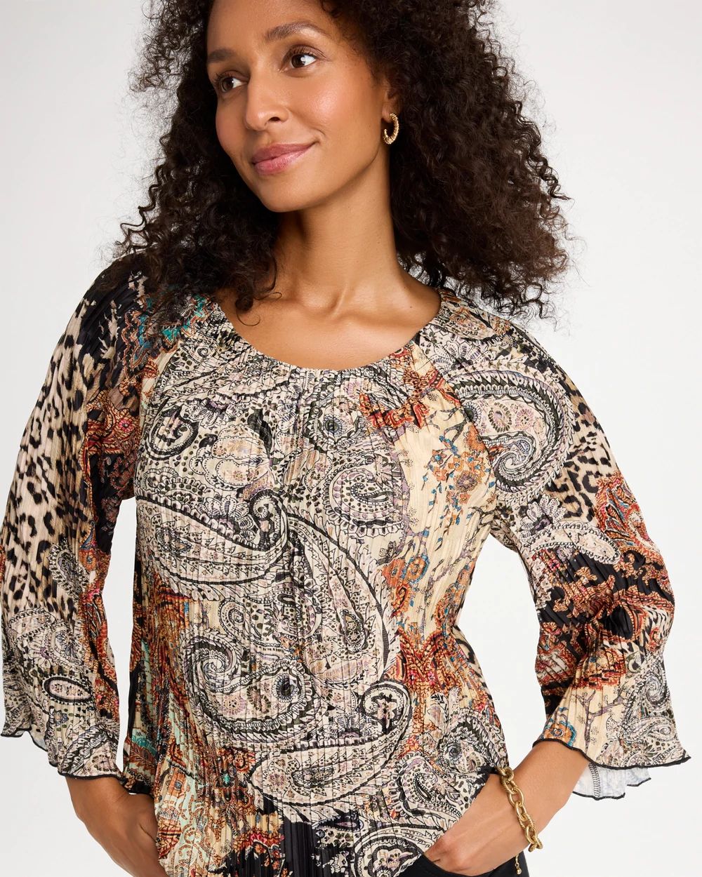 Printed Pleated Flare Sleeve Top click to view larger image.