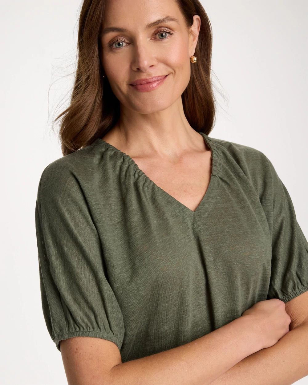 Linen Ruched V-Neck Tee click to view larger image.