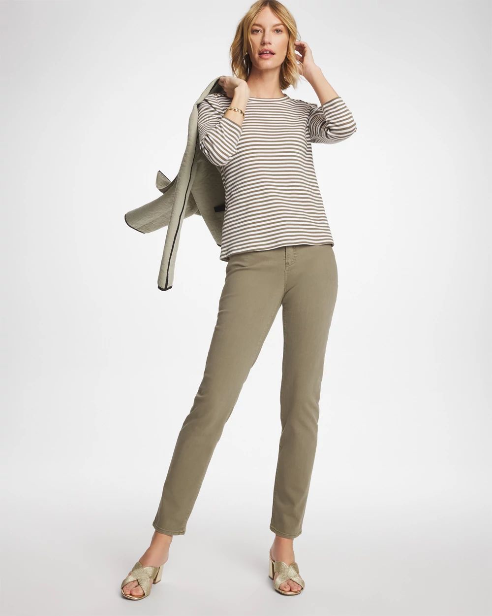 Striped Ribbed Button Crewneck Tee click to view larger image.