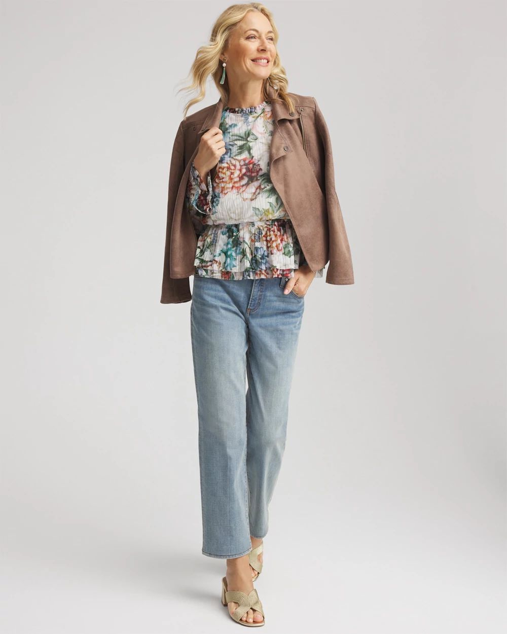 Rose-Print Crinkle Mockneck Tee