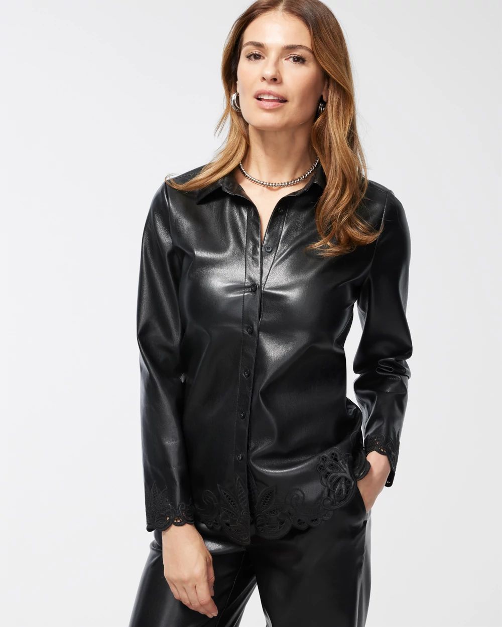 Faux Leather Embroidered Cutwork Shirt