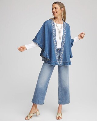 Embroidered Denim Ruffled Ruana click to view larger image.