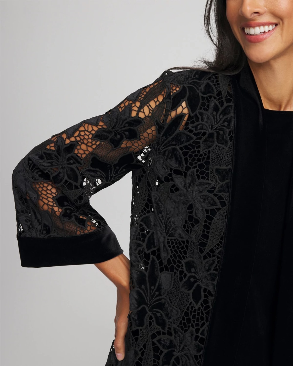 Chico's Travelers Velvet Lace Jacket In Black In Black