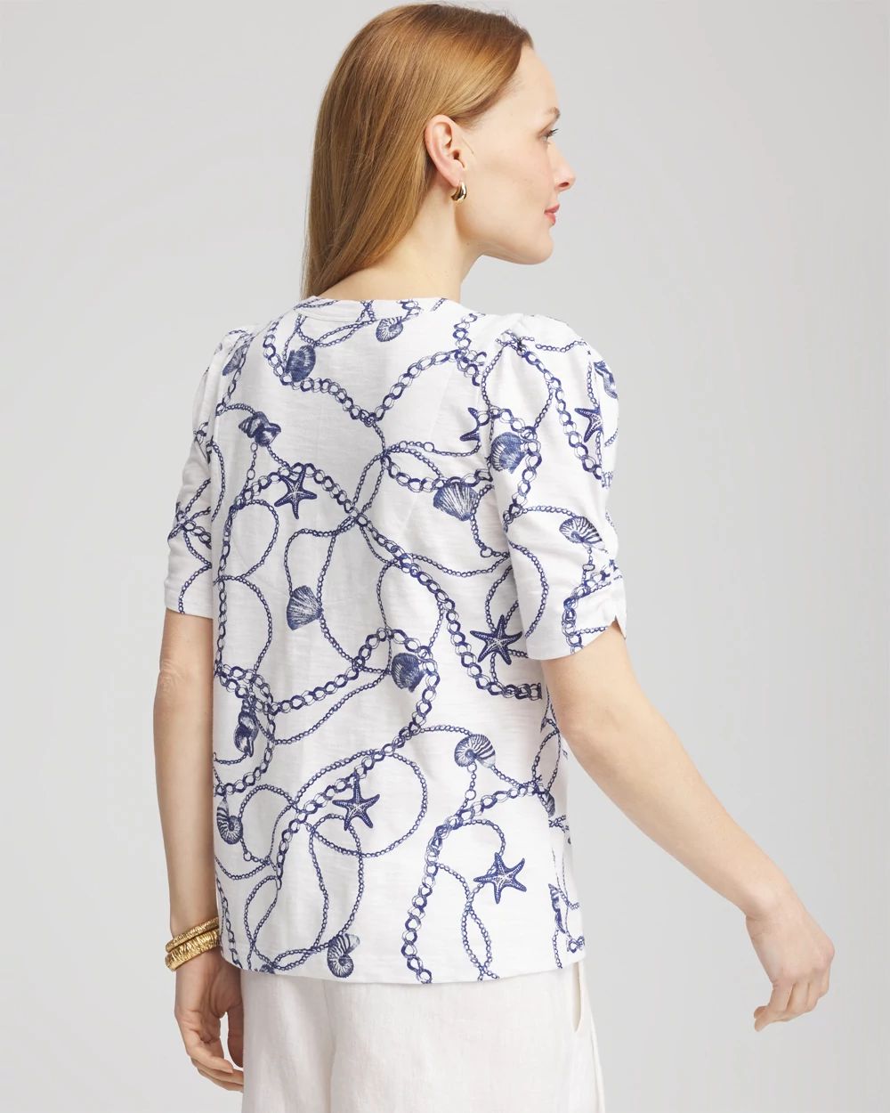 Seashell Slub Shirred-Sleeve Henley Tee click to view larger image.