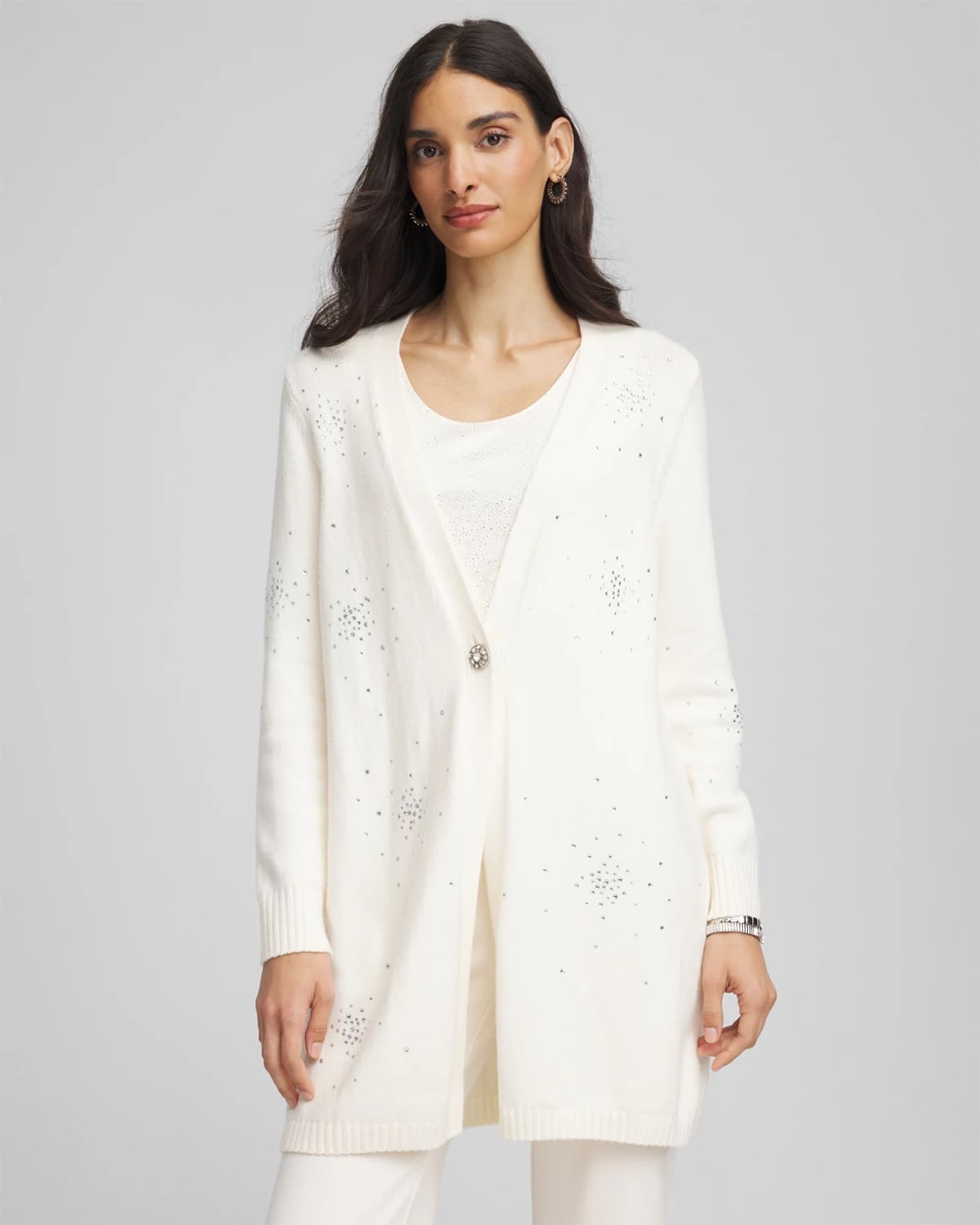 Chico's Rhinestone Embellished Cardigan Sweater In Cream In White