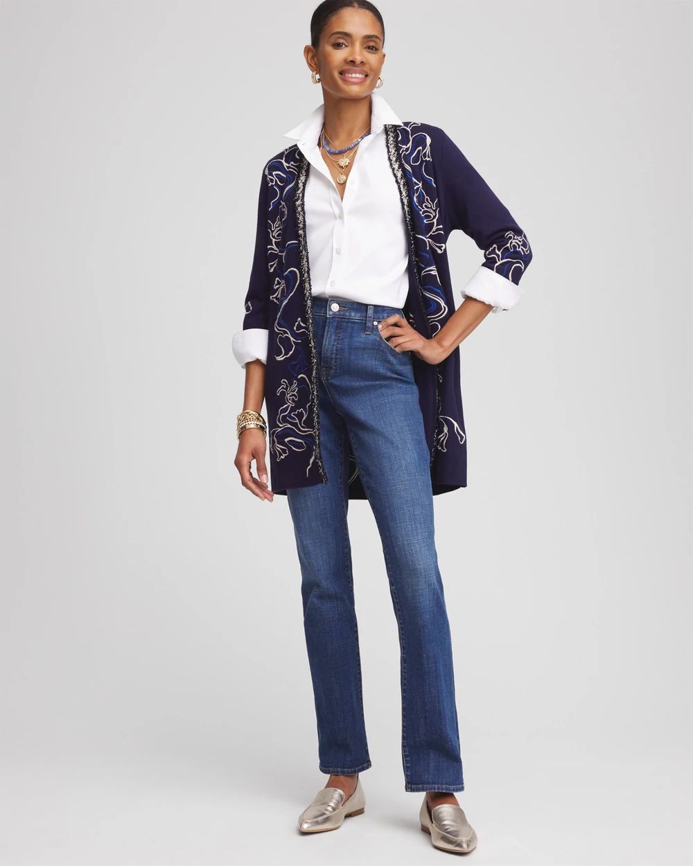 Open-Front Embroidered Cardigan