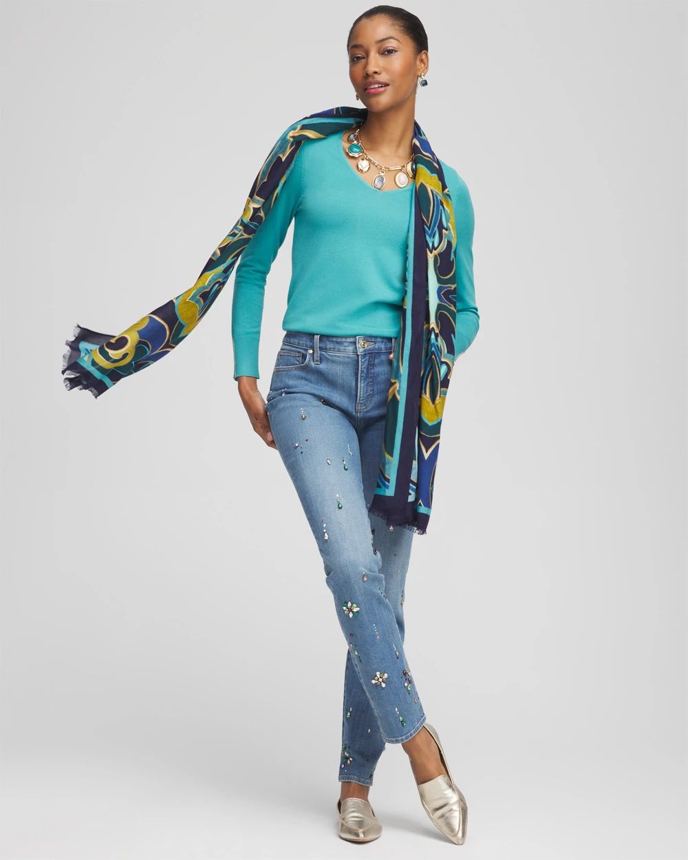 Caviar Trim V-Neck Pullover Sweater