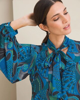 Peacock-Print Satin Tie-Neck Blouse