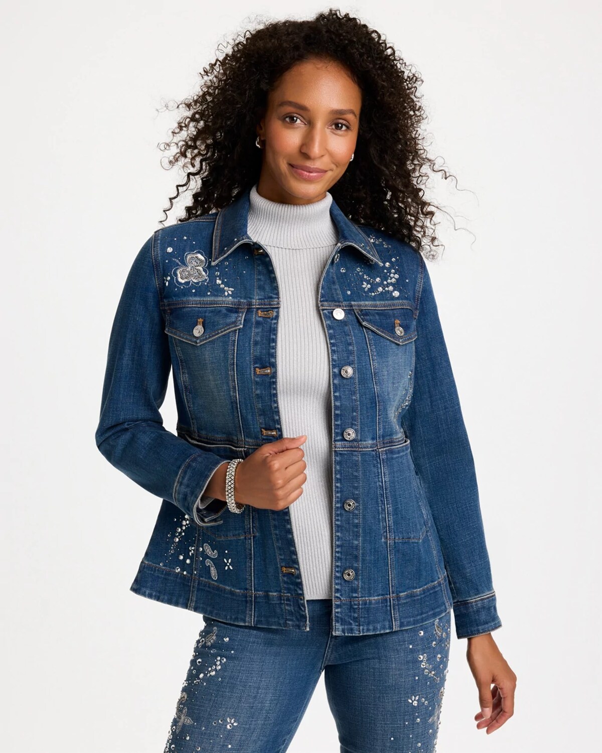 Chico's Embellished Denim Peplum Jacket In Diamante Indigo In Blue