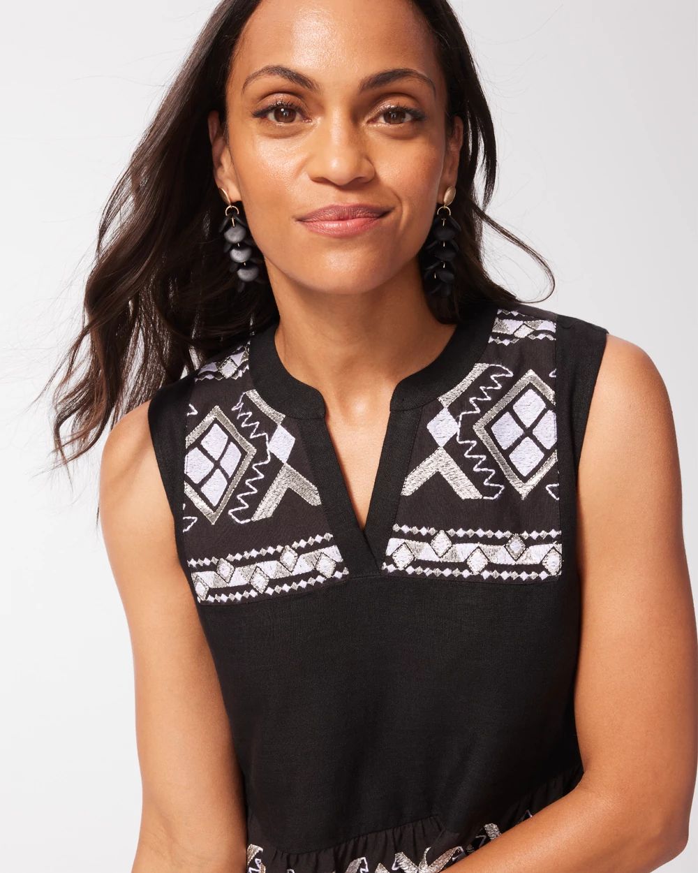 Linen Embroidered Tiered Maxi Dress