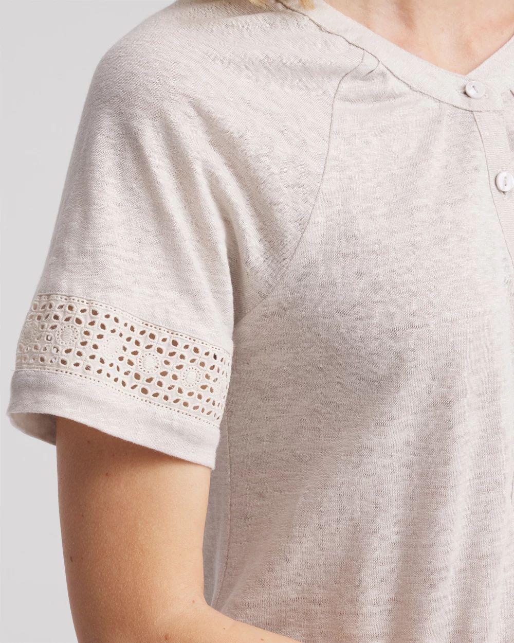 Linen Lace-Cutwork Sleeve Henley Tee click to view larger image.