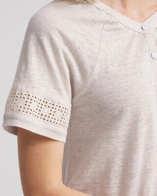 Linen Lace-Cutwork Sleeve Henley Tee click to view larger image.