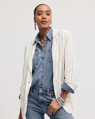 Linen-Blend Striped Boyfriend Blazer