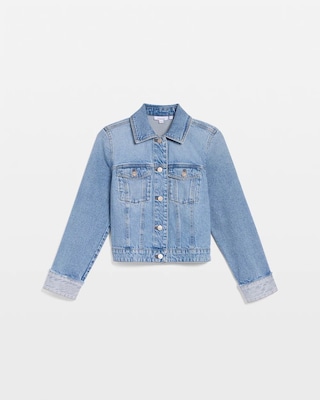 Knit Denim Trucker Frayed Jacket click to view larger image.