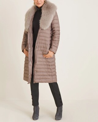 Long Belted Puffer Coat with Faux-Fur Collar