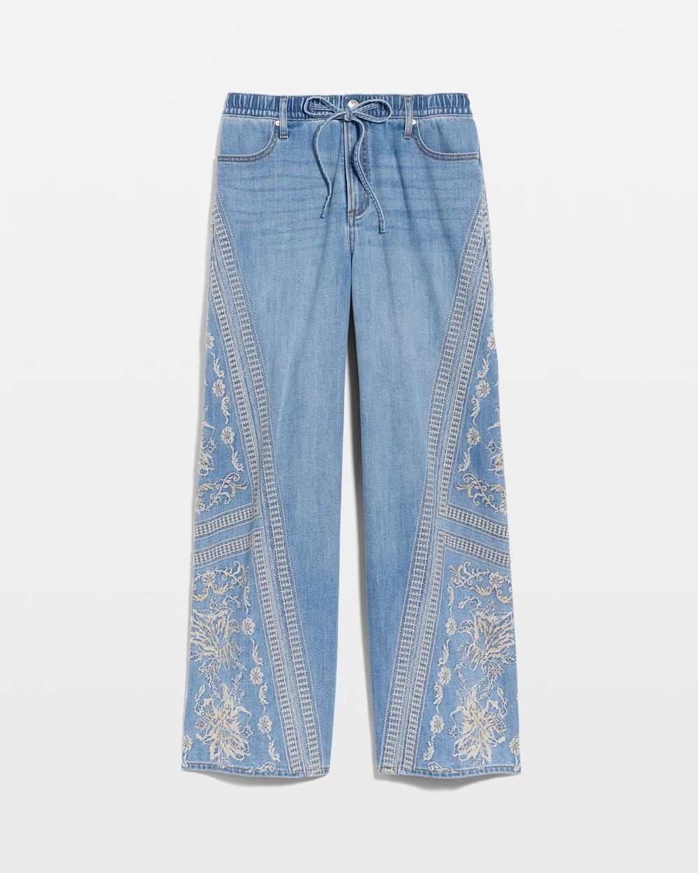 Floral Geo Wide-Leg Drawstring Jeans