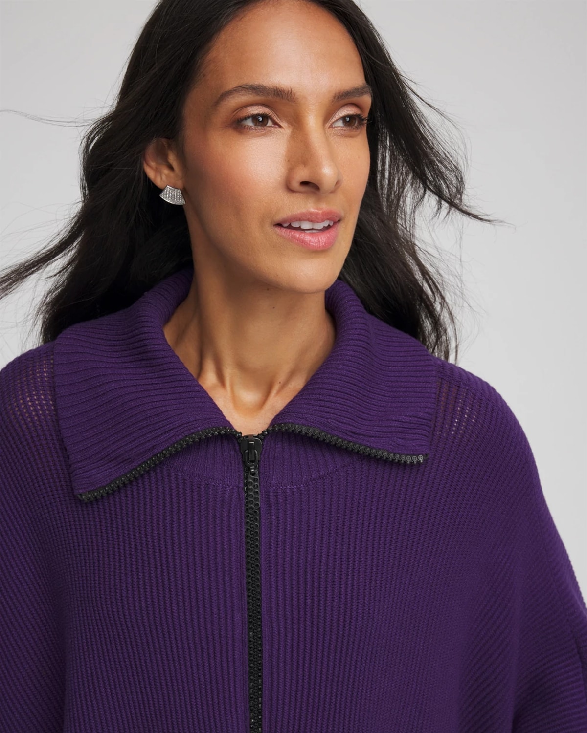 Chico's Rhinestone Zip-collar Sweater Poncho In Purple Elixir