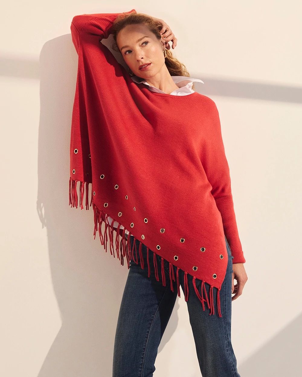 Red Embellished Sweater Poncho