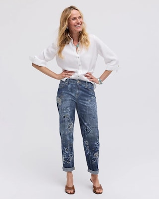 Embroidered Crop Boyfriend Jeans