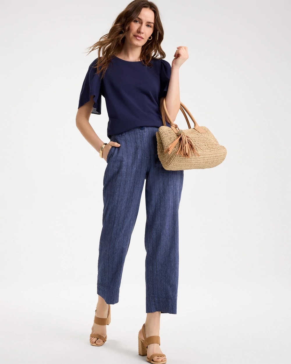 Pinstripe Soft-Stretch Linen Crop Pant, photo 1 of 5