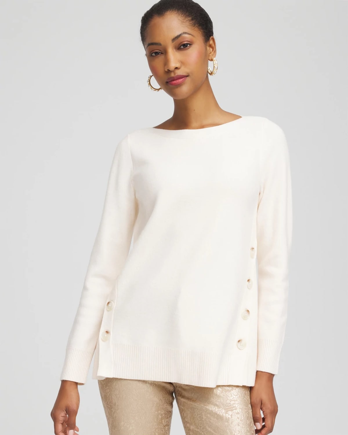 Chico's Ella Button Tunic Sweater In Cream In White