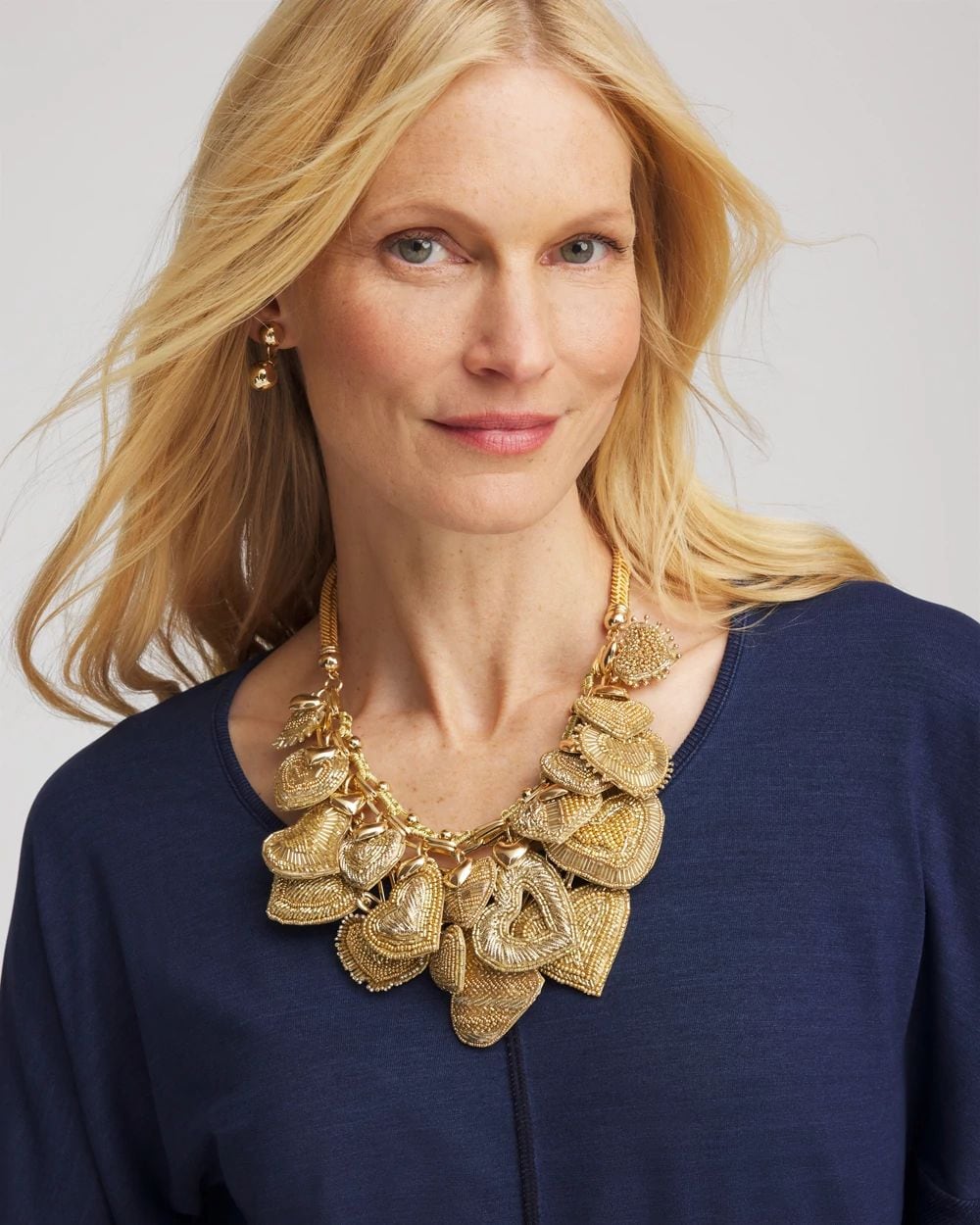 Gold Beaded Heart Charm Bib Necklace