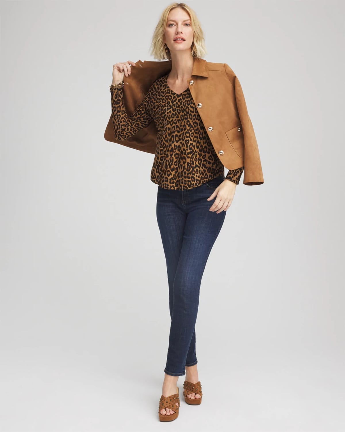 Chico's Ella V-neck Printed Pullover Sweater In Tan In Brown