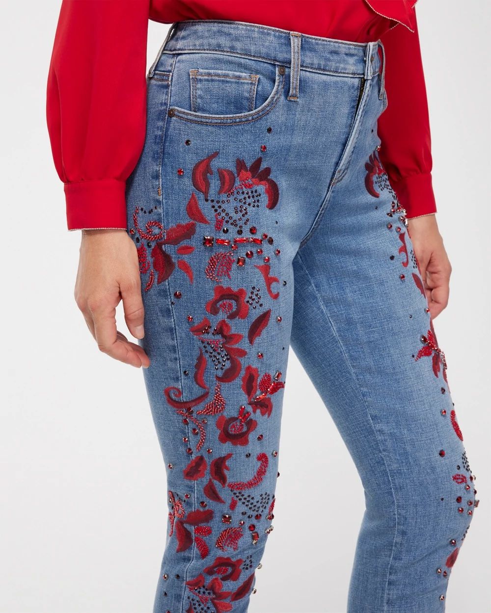 Girlfriend Red Embellished Ankle Jeans