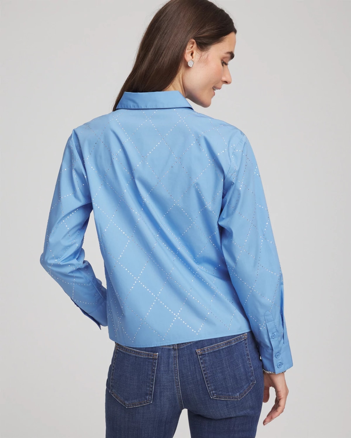 Chico's Embellished Stretch Cotton Collared Shirt In Tidal Blue