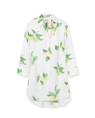 No-Iron Linen Lemon-Print Shirttail Tunic