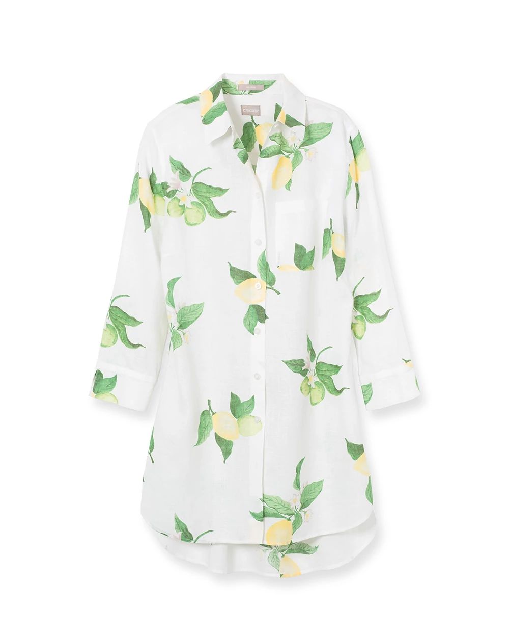 No-Iron Linen Lemon-Print Shirttail Tunic