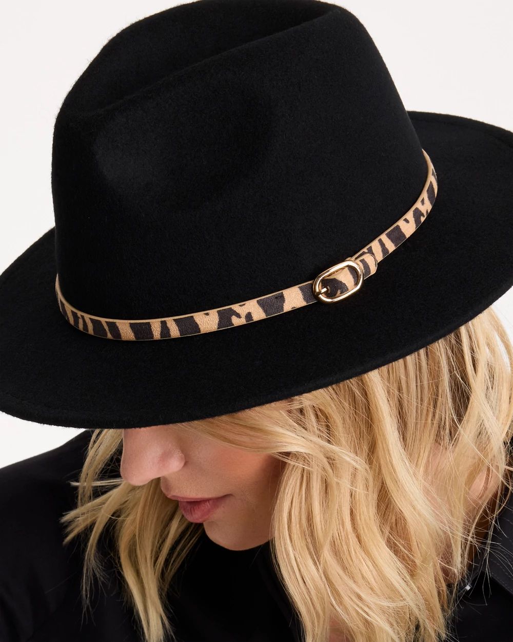 Animal-Print-Trim Wool Felt Fedora Hat click to view larger image.