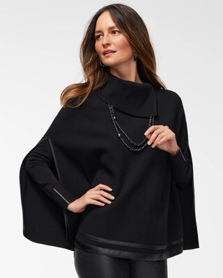 Faux Leather Trim Sweater Cape