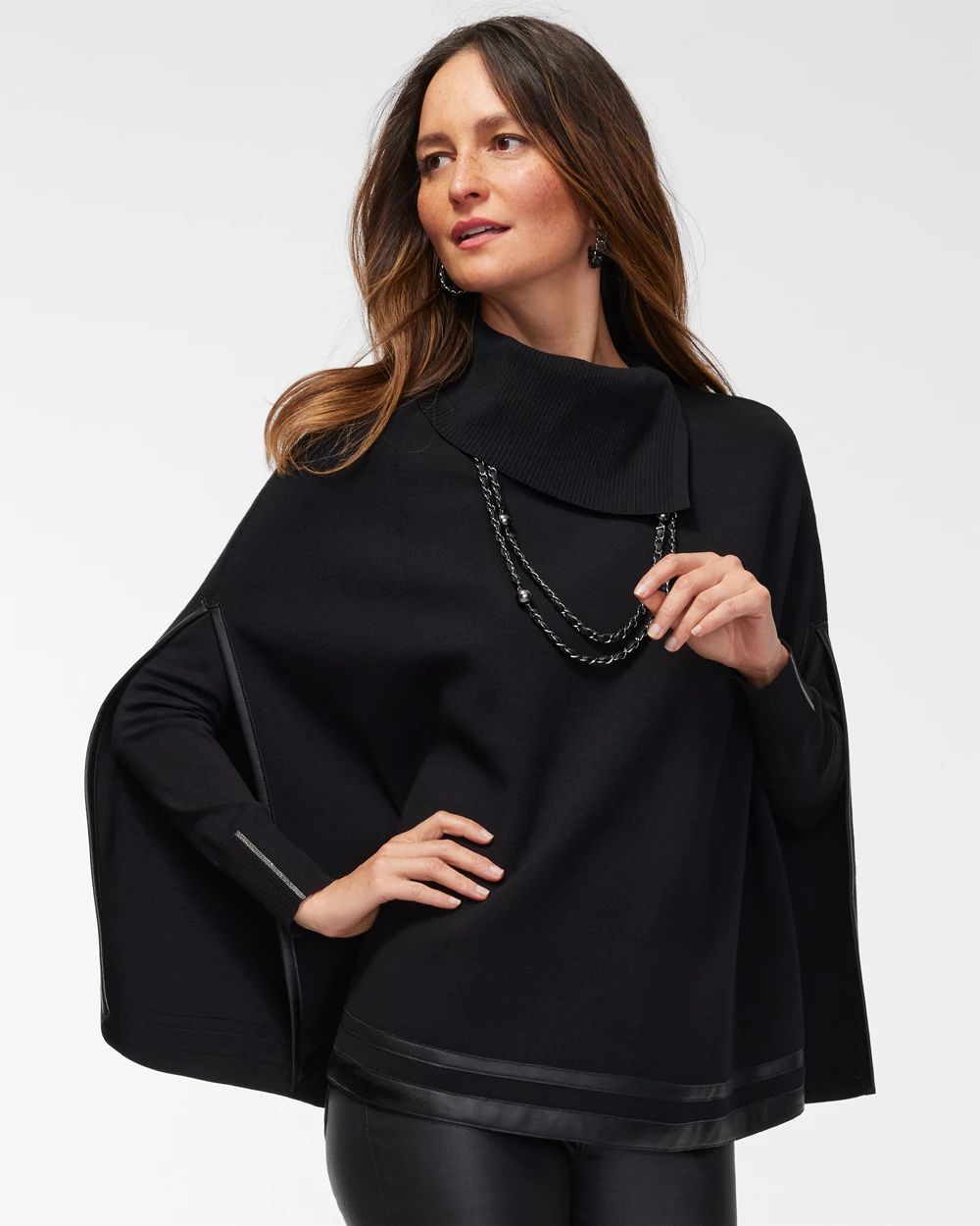 Faux Leather Trim Sweater Cape