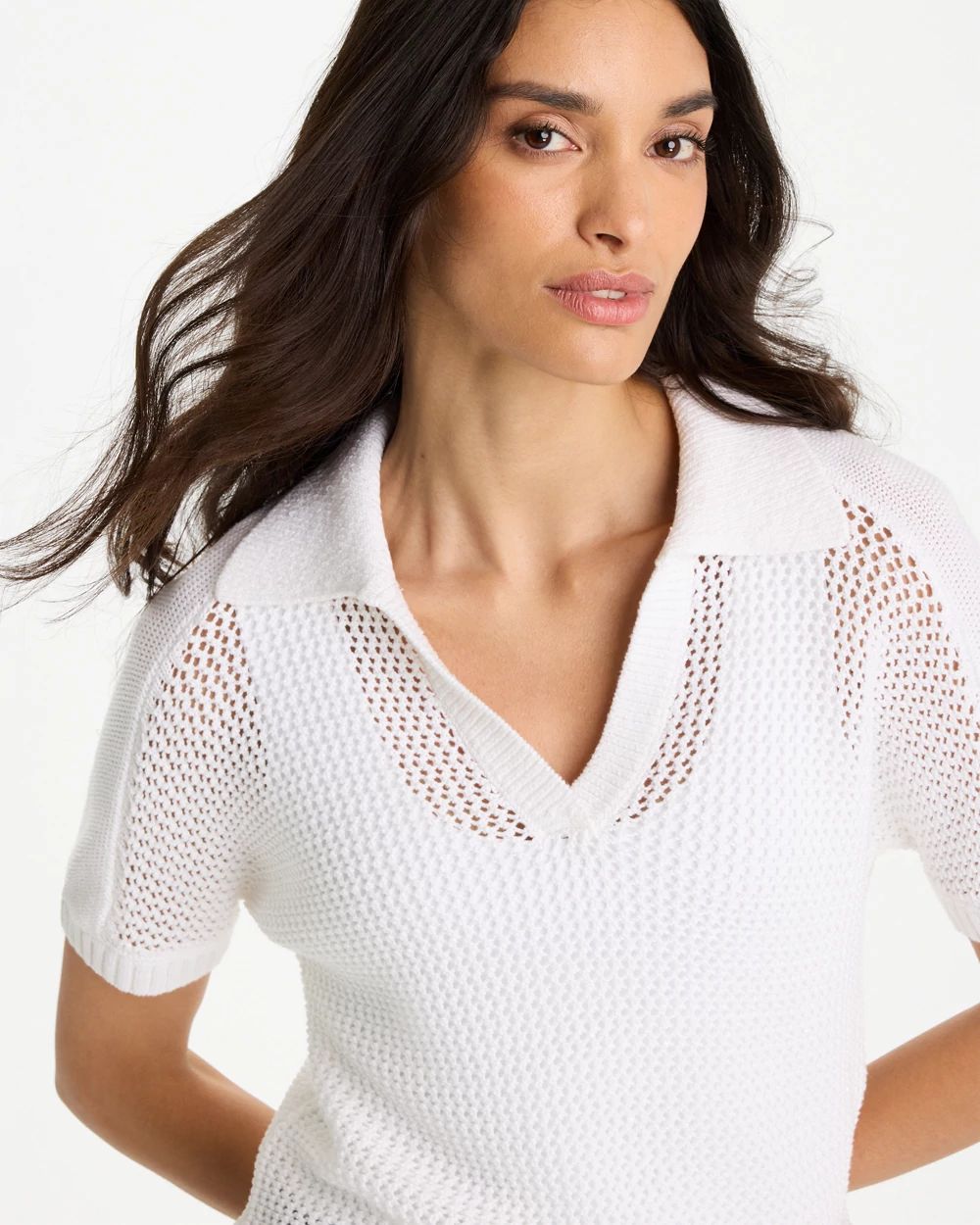 Sequin Pointelle Pullover Polo Sweater