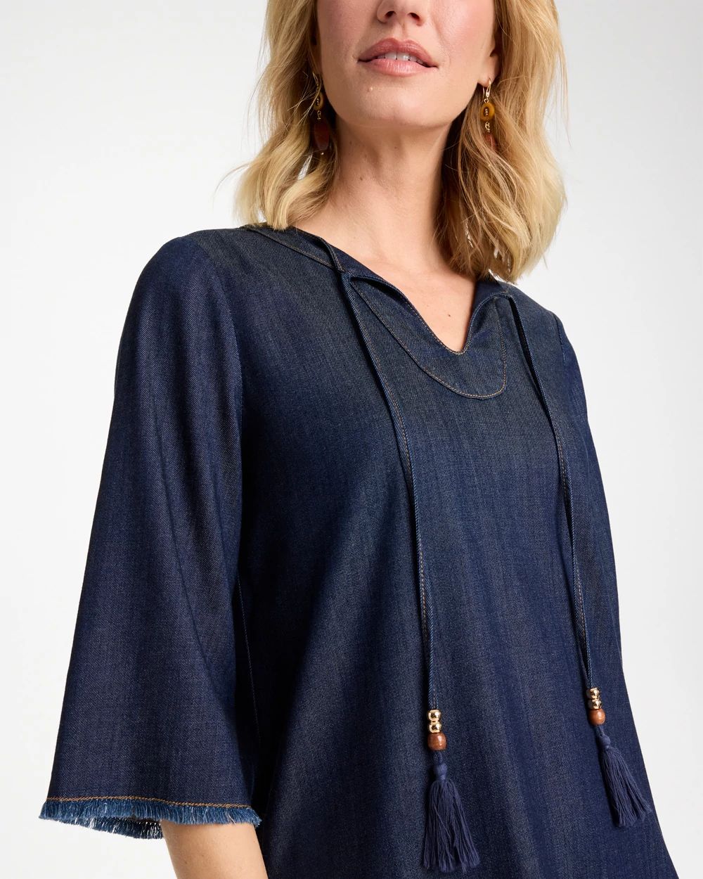 Denim Frayed Knee-Length Dress click to view larger image.