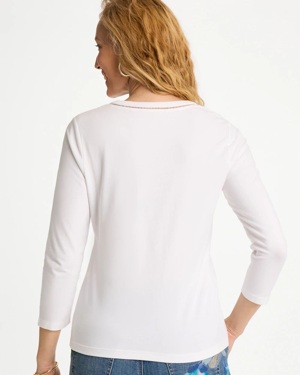 Trim Detail Cotton Stretch 3/4 Sleeve Tee click to view larger image.