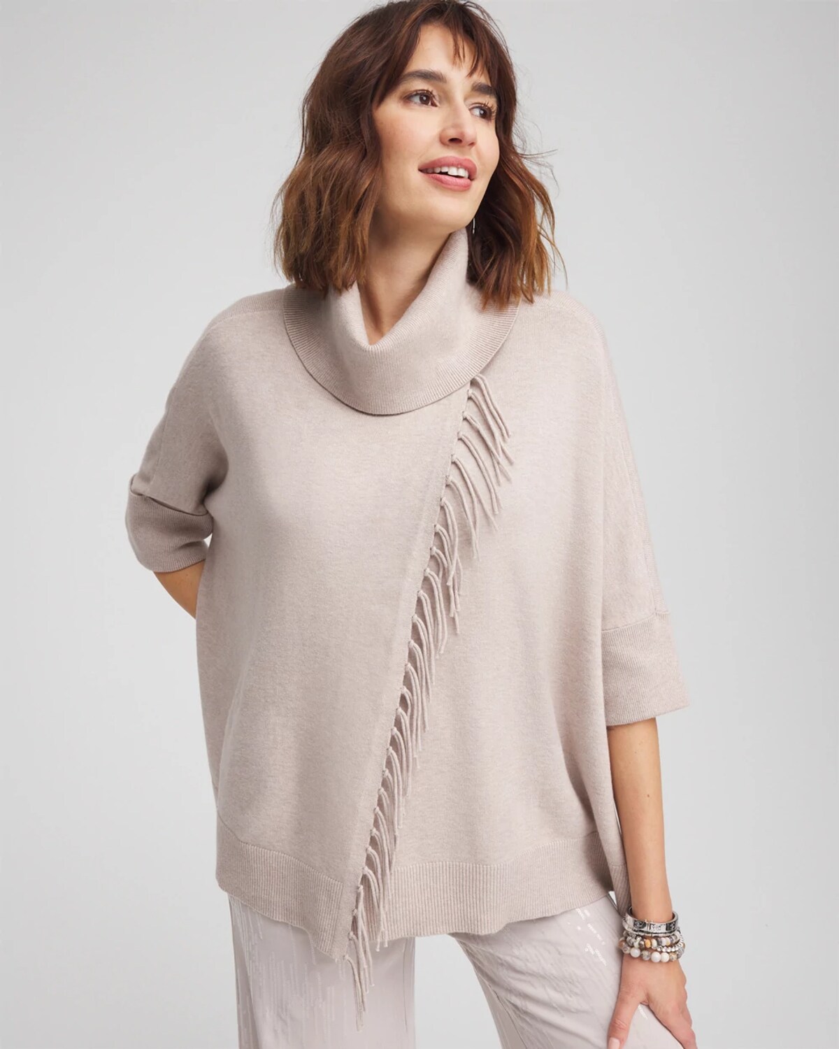 Chico's Cowl Neck Fringe Cashmere Blend Poncho In Gray