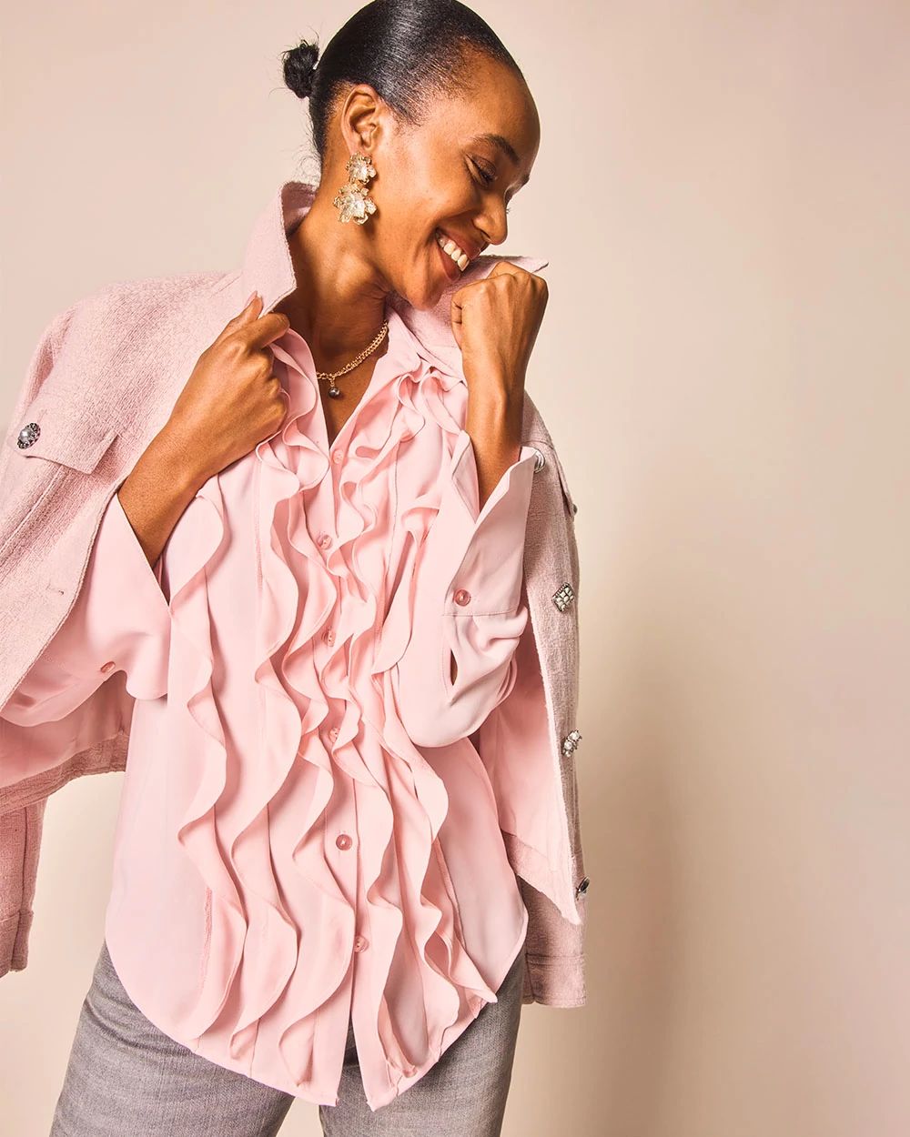 Ruffle-Trim Chiffon Blouse
