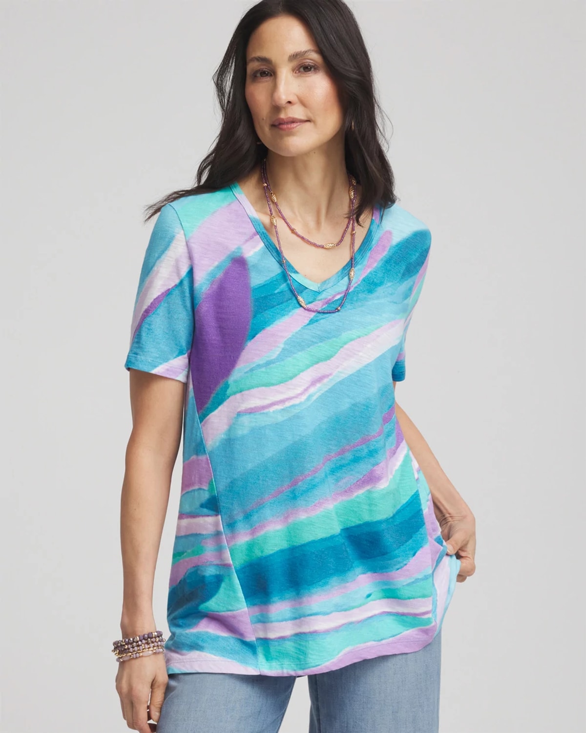 Chico's Sea Print Short Sleeve Forward-seam Tee In Blue