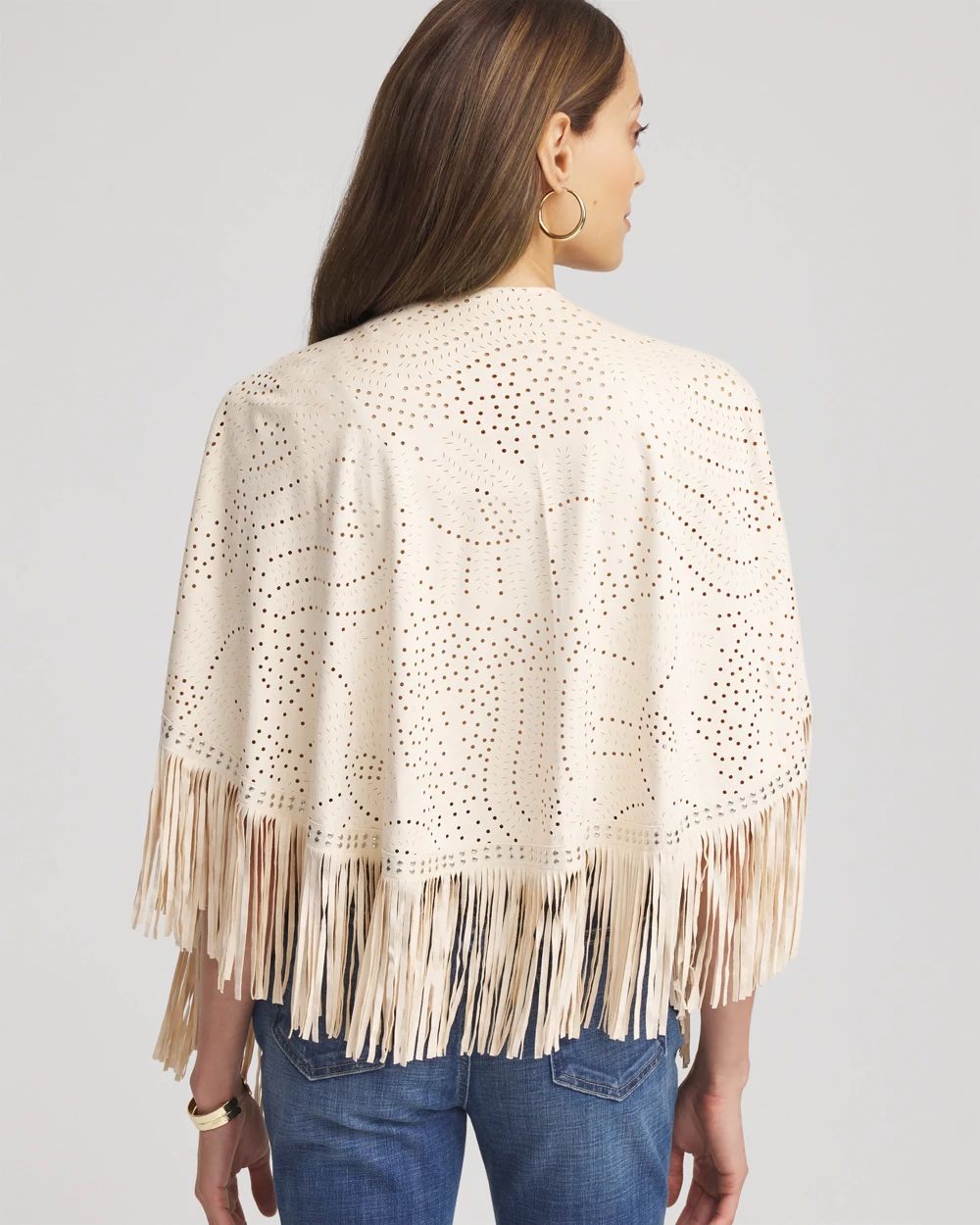 Perforated Suede-Motif Fringe Ruana