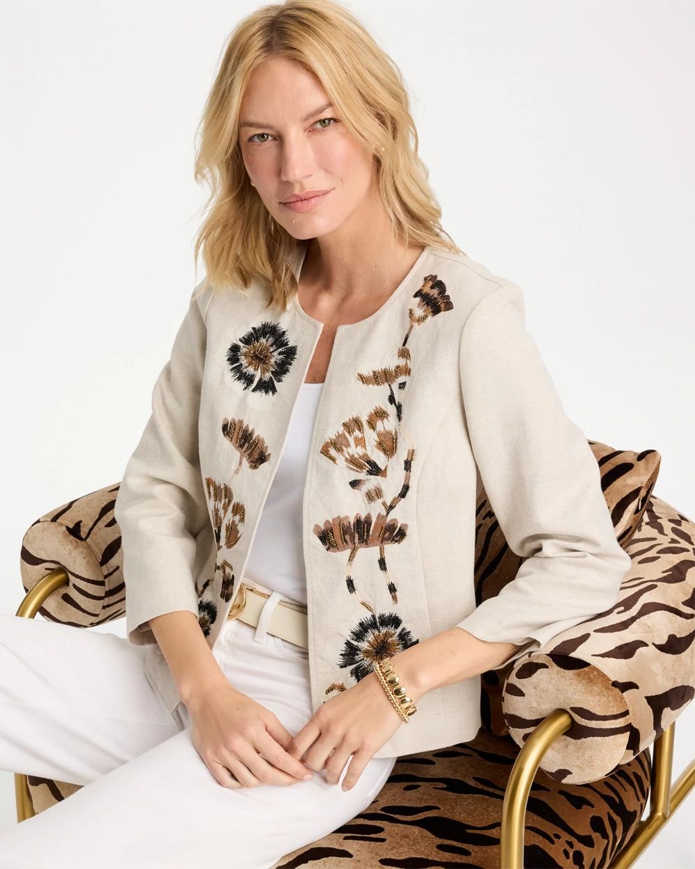 Linen Collarless Embroidered Jacket click to view larger image.